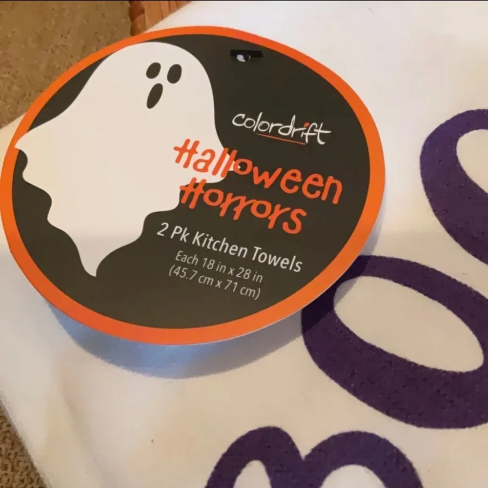 Halloween Kitchen Towels Set of 2 BOO! Adorable Purple and Orange GNOME NEW